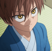 a boy with brown hair and yellow eyes is wearing a blue shirt