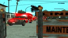 a video game screen shows a fire truck and a sign that says " line maint "