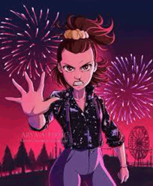 a cartoon illustration of eleven from stranger things standing in front of a fireworks display .