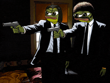 a cartoon of two green frogs holding guns