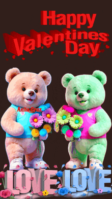 two teddy bears holding bouquets of flowers with the words happy valentine 's day above them