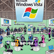 a group of ninja cats sit in front of a microsoft windows vista banner