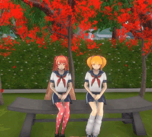 two anime girls are sitting on a bench with red leaves in the background