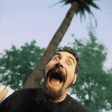 a man with a beard and mustache is making a funny face with his mouth open in front of a palm tree .