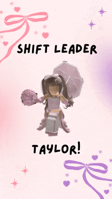 a girl in a wedding dress holding an umbrella with the words shift leader taylor on the bottom