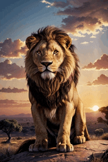 a painting of a lion sitting on a rock with the sun setting in the background