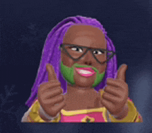 a woman with purple hair and a green beard is giving a thumbs up