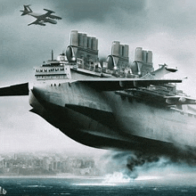 a large airplane is flying over a large ship in the water