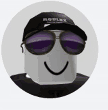 a roblox avatar is wearing a hat and sunglasses and smiling .