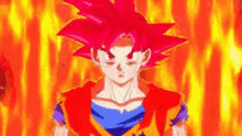 a dragon ball z character with red hair is standing in front of a fire background .