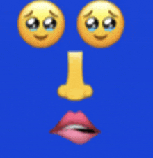 a blue background with a smiley face , nose , and lips .