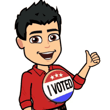 a cartoon man is giving a thumbs up while wearing a badge that says " i voted "