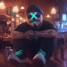 a man with a glowing x on his face is sitting on the floor