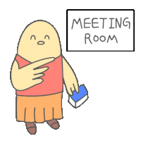 a cartoon of a person holding a book in front of a sign that says meeting room