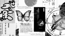 a collage of various images including a butterfly and a globe .