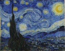 a painting of a starry night sky with trees and a church in the foreground