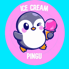 a penguin holding an ice cream cone with the words ice cream pingu on the bottom