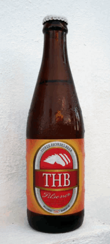 a bottle of three horses beer pilsner is sitting on a white wall