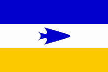 a blue and yellow flag with an arrow pointing to the left