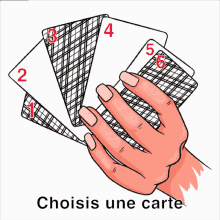 a hand holding four playing cards with the words choisis une carte below