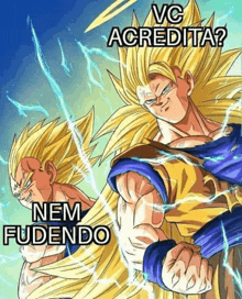 a cartoon of goku and vegeta with the words vc acredita nem fudendo on the bottom