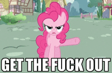 pinkie pie from my little pony is standing in a field with her fist in the air .