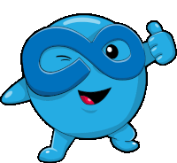 a blue cartoon character wearing a blue mask and giving a thumbs up