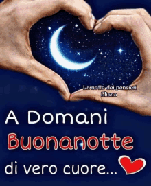 a picture of two hands making a heart shape with the words " a domani buonanotte di vero cuore "