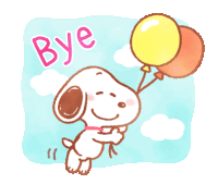 a cartoon of snoopy flying through the air holding two balloons with the word bye written above him