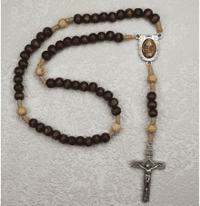 a rosary with wooden beads and a crucifix with jesus on it