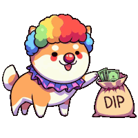 a cartoon dog wearing a clown costume is holding a bag of dip