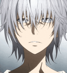 a close up of a anime character 's face with white hair