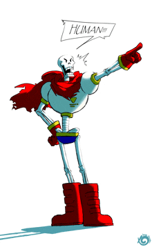 a drawing of a skeleton with a red cape and boots pointing at the word human