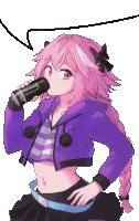 a girl with pink hair is drinking a can of monster energy