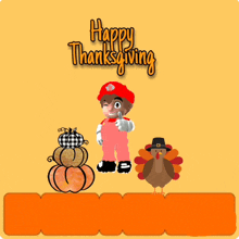 a happy thanksgiving greeting card with a turkey and a pumpkin