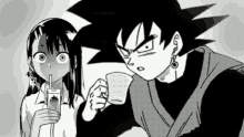 a black and white drawing of a girl drinking through a straw next to a man holding a cup .