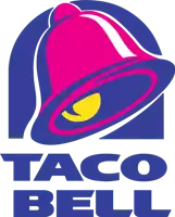 a taco bell logo with a pink bell and yellow circle