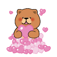 a teddy bear is surrounded by pink hearts and holding a pink heart