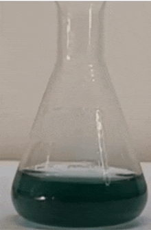 a beaker filled with a green liquid on a table