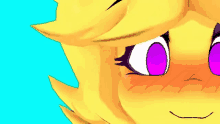 a close up of a yellow cartoon character with purple eyes .