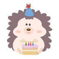 a hedgehog wearing a party hat is holding a birthday cake with candles