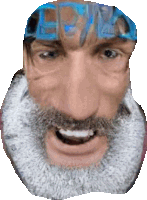 a close up of a man 's face with a beard and a bandana that says ' epic ' on it