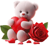 a teddy bear holding a red heart next to a rose