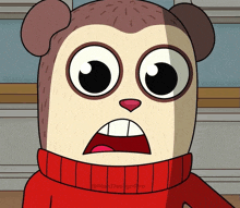 a cartoon monkey wearing a red sweater has a surprised look on its face