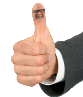 a hand in a suit is giving a thumbs up with a face on it