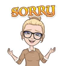 a cartoon woman wearing glasses and a brown sweater is saying sorry