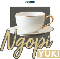 a white cup with a gold handle sits on a saucer with the words ngopi yuk written below it