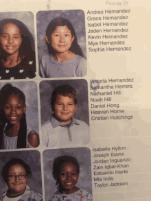 a collage of children 's pictures with the names andres hernandez grace hernandez isabel hernandez jaden hernandez