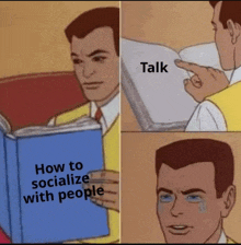 a cartoon man is reading a book about how to socialize with people