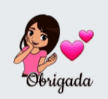 a cartoon girl with two pink hearts and the words obrigada